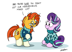 Size: 2342x1690 | Tagged: safe, artist:bobthedalek, imported from derpibooru, starlight glimmer, sunburst, pony, unicorn, :i, backwards cutie mark, blaze (coat marking), clothes, coat markings, facial markings, female, horn, looking at each other, looking at someone, male, mare, open mouth, scrunchy face, sitting, socks (coat markings), stallion, sunburst is not amused, sweater, unamused