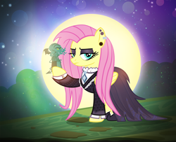 Size: 1100x891 | Tagged: safe, artist:pixelkitties, imported from derpibooru, fluttershy, pegasus, pony, fake it 'til you make it, andrea libman, clothes, cthulhu, dress, ear piercing, earring, eyeshadow, female, fluttergoth, full moon, goth, jewelry, makeup, mare, moon, my little pony, night, outdoors, piercing, solo