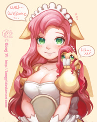 Size: 2185x2745 | Tagged: safe, artist:kongyi, imported from derpibooru, fluttershy, human, pegasus, pony, blushing, breasts, cleavage, clothes, cute, eared humanization, female, floppy ears, fluttermaid, human ponidox, humanized, maid, self paradox, self ponidox, shyabetes, tiny, tiny ponies, tray, winged humanization, wings