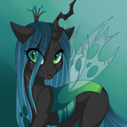 Size: 2449x2449 | Tagged: safe, artist:ridgessky, imported from derpibooru, queen chrysalis, changeling, changeling queen, crown, cute, cutealis, eye clipping through hair, eyebrows, eyebrows visible through hair, fangs, female, gradient background, horn, jewelry, regalia, smiling, solo, wings