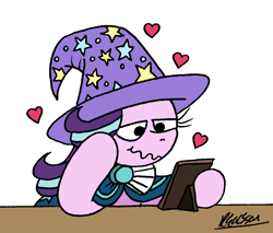 Size: 1137x968 | Tagged: safe, artist:bobthedalek, imported from derpibooru, starlight glimmer, pony, unicorn, accessory theft, cloak, clothes, female, floating heart, hat, heart, horn, implied bisexual, implied lesbian, implied shipping, implied starburst, implied startrix, implied startrixburst, implied straight, lidded eyes, mare, newbie artist training grounds, picture frame, robe, smiling, solo, starlight wearing sunburst's robe, starlight wearing trixie's hat, sunburst's cloak, trixie's hat, wavy mouth