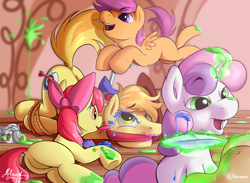 Size: 1500x1100 | Tagged: safe, artist:mricantdraw, imported from derpibooru, apple bloom, braeburn, scootaloo, sweetie belle, earth pony, pegasus, pony, unicorn, ass up, babysitting, blank flank, bloom butt, bondage, bow, braebutt, butt, cloth gag, cutie mark crusaders, dock, equestria's worst babysitter, face down ass up, featureless crotch, flying, gag, glowing, glowing horn, hair bow, horn, levitation, magic, magic aura, makeover, male, messy, paint, paintbrush, painting, plot, quill, rope, scooter, smiling, stallion, tail, telekinesis, tied up