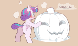 Size: 1200x720 | Tagged: safe, artist:cold-blooded-twilight, imported from derpibooru, princess flurry heart, alicorn, pony, blushing, dock, female, filly, foal, panting, pumpkin, raised tail, smiling, snow, spread legs, spreading, tail