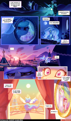 Size: 2900x4945 | Tagged: safe, artist:lummh, artist:miitara, imported from derpibooru, princess cadance, princess celestia, alicorn, pony, comic:the princess of love, balcony, canterlot castle, comic, day, female, looking at you, mare, mare in the moon, moon, night, picture, speech bubble, spread wings, sunrise, teen princess cadance, train, wings, younger