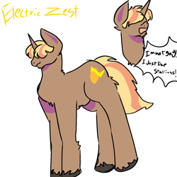 Size: 1280x1280 | Tagged: safe, imported from derpibooru, oc, oc:electric zest, unicorn, brown coat, cloven hooves, cutie mark, food, horn, lemon, lightning, male, mane in face, purple shades, short tail, stallion, tail, text