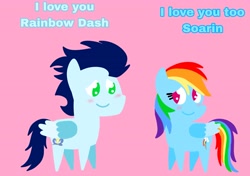 Size: 3553x2499 | Tagged: safe, anonymous artist, derpibooru exclusive, imported from derpibooru, rainbow dash, soarin', pegasus, pony, series:soarindash relationship, series:soarindash romantic tales, blushing, female, i love you, looking at each other, looking at someone, male, mare, pointy ponies, shipping, smiling, smiling at each other, soarindash, stallion, straight