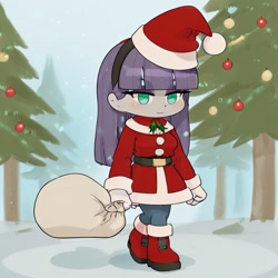 Size: 1024x1024 | Tagged: safe, imported from derpibooru, maud pie, human, ai content, ai generated, chibi, christmas, christmas tree, clothes, costume, hat, holiday, humanized, meme, padoru, prompter:anonymous, santa costume, santa hat, snow, tree, walking