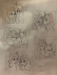 Size: 3024x3978 | Tagged: safe, artist:lnx1ynight16, imported from derpibooru, izzy moonbow, sunny starscout, earth pony, pony, unicorn, blanket, cheek kiss, couple, cuddling, cute, doodle, eyes closed, female, forehead kiss, g5, headband, horn, hug, izzybetes, kiss mark, kiss on the lips, kissing, lesbian, lipstick, messy mane, moonscout, one eye closed, pillow, shipping, snuggling, sunnybetes, traditional art, unicorn horn, wink