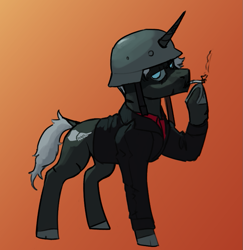 Size: 809x833 | Tagged: safe, artist:neither, imported from derpibooru, oc, oc:crimson(red), pony, unicorn, biker jacket, cigarette, clothes, helmet, horn, jacket, looking at you, scar, smoking, unicorn oc