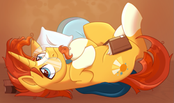 Size: 1013x599 | Tagged: safe, artist:slushpony, imported from derpibooru, sunburst, pony, unicorn, bed, belly, blanket, book, coat markings, comfy, eyebrows, glasses, horn, lidded eyes, lying down, lying on bed, male, night, on bed, pillow, raised hoof, shading, shy, simple background, smiling, socks (coat markings), solo, stallion, tired