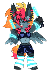 Size: 4109x5933 | Tagged: safe, artist:crazysketch101, imported from derpibooru, oc, oc:crazy looncrest, pegasus, pony, belly fluff, bipedal, bracelet, clothes, ear piercing, earring, fishnet clothing, fishnets, glowstick, jewelry, midriff, piercing, raver, sharp teeth, shorts, socks, standing, standing on two hooves, stockings, teeth, thigh highs, unshorn fetlocks