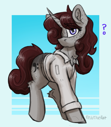 Size: 917x1058 | Tagged: safe, artist:reddthebat, imported from derpibooru, oc, oc only, oc:violina (reddthebat), pony, unicorn, chest fluff, clothes, ear fluff, female, hair over one eye, hock fluff, horn, looking at you, mare, passepartout, question mark, shirt, signature, solo, traditional art