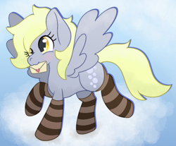 Size: 1283x1064 | Tagged: safe, artist:mimiqq, imported from derpibooru, derpy hooves, pegasus, pony, :3, blushing, clothes, cloud, envelope, fluffy, fluffy hair, happy, heart, letter, mail, mailmare, socks, solo, spread wings, striped socks, thigh highs, wings