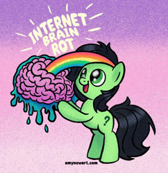 Size: 1206x1245 | Tagged: safe, artist:amynewblue, imported from derpibooru, oc, oc:anon, earth pony, pony, 4chan, anon pony, brain, brainrot, female, green pony, mare, organs, question mark, rainbow, rot, solo