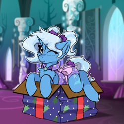 Size: 2000x2000 | Tagged: safe, artist:jubyskylines, imported from derpibooru, trixie, pony, unicorn, chest fluff, clothes, ear fluff, female, horn, mare, one eye closed, present, ribbon, smiling, solo, wink