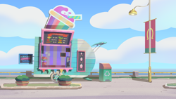 Size: 3840x2160 | Tagged: safe, imported from derpibooru, attack of the bunnisus, banner, behind the scenes, cloud, colored, concept art, day, english, food truck, g5, lamppost, lil critter workshop, maretime bay, menu, my little pony: tell your tale, no pony, ocean, official, outdoors, recycle bin, smoothie truck, street, water