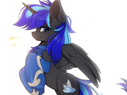 Size: 2160x1620 | Tagged: safe, artist:lerk, imported from derpibooru, oc, oc only, oc:dreadnought, alicorn, pony, alicorn oc, clothes, ear fluff, emanata, horn, male, partially open wings, profile, rearing, side view, simple background, smiling, socks, solo, stallion, white background, wings