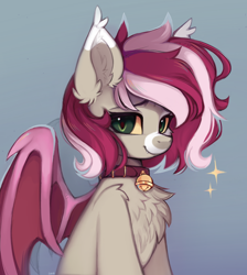 Size: 1086x1214 | Tagged: safe, artist:lerk, imported from derpibooru, oc, oc only, bat pony, pony, bat pony oc, bat wings, bell, bell collar, chest fluff, collar, ear fluff, ear tufts, fangs, female, looking at you, mare, not roseluck, oc name needed, partially open wings, slit pupils, smiling, smiling at you, solo, wings