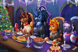 Size: 3600x2400 | Tagged: safe, artist:miramore, imported from derpibooru, oc, oc only, oc:fireheart(fire), oc:nurse lavender blossom, oc:queen lunaris, oc:queen tiara, alicorn, bat pony, pony, alicorn oc, alternate universe, bat pony oc, bat wings, christmas, christmas card, christmas tree, clothes, fireheart76's latex suit design, gloves, hearth's warming eve, holiday, horn, latex, latex boots, latex gloves, latex suit, prisoners of the moon, rubber, rubber suit, tree, wings