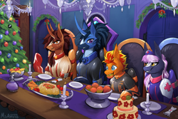 Size: 3600x2400 | Tagged: safe, artist:miramore, imported from derpibooru, oc, oc only, oc:fireheart(fire), oc:nurse lavender blossom, oc:queen lunaris, oc:queen tiara, alicorn, bat pony, pony, alicorn oc, alternate universe, bat pony oc, bat wings, christmas, christmas card, christmas tree, clothes, fireheart76's latex suit design, gloves, hearth's warming eve, holiday, horn, latex, latex boots, latex gloves, latex suit, prisoners of the moon, rubber, rubber suit, tree, wings