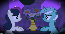 Size: 2022x1074 | Tagged: safe, artist:stephen-fisher, imported from derpibooru, bon bon, lyra heartstrings, sweetie drops, earth pony, unicorn, female, flower, flower vase, horn, lesbian, looking at each other, looking at someone, lyrabon, night, romantic, shipping, vase