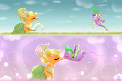 Size: 3000x2000 | Tagged: safe, artist:darksly, imported from derpibooru, applejack, spike, dragon, earth pony, pony, 2 panel comic, age difference, alternate hairstyle, applespike, clothes, comic, commission, dress, duo, duo male and female, evening gloves, eyes closed, female, gloves, handkerchief, high res, jewelry, kiss on the lips, kissing, long gloves, male, mare, necklace, shipping, straight, winged spike, wings