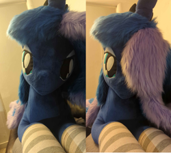 Size: 1612x1444 | Tagged: safe, imported from derpibooru, princess luna, alternate hairstyle, clothes, hair over one eye, irl, looking at you, missing accessory, photo, plushie, socks