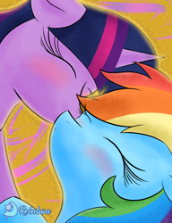 Size: 3000x3900 | Tagged: safe, artist:reinbou, imported from derpibooru, rainbow dash, twilight sparkle, alicorn, pegasus, pony, abstract background, female, kissing, lesbian, shipping, twidash