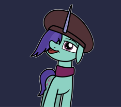 Size: 2048x1811 | Tagged: safe, artist:ewoudcponies, imported from derpibooru, pony, unicorn, beret, blue background, dark blue background, female, floppy ears, g5, hair over one eye, hat, horn, looking at you, mare, onyx, outline, simple background, solo, tongue out, white outline