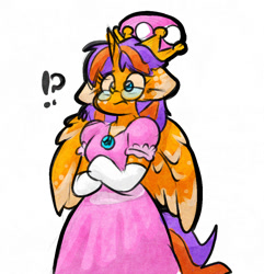 Size: 951x987 | Tagged: safe, artist:zutcha, imported from derpibooru, oc, oc only, alicorn, anthro, arm hooves, clothes, colored, confused, crossdressing, crown, dress, exclamation point, floppy ears, glasses, gloves, heterochromia, interrobang, jewelry, long gloves, male, princess peach, question mark, regalia, simple background, solo, stallion, super mario, super mario bros., white background