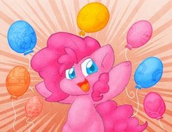 Size: 1582x1216 | Tagged: safe, artist:zutcha, imported from derpibooru, pinkie pie, earth pony, pony, balloon, colored pupils, female, looking at you, mare, monochrome, open mouth, open smile, smiling, smiling at you, solo, sunburst background