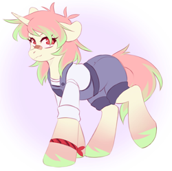 Size: 2048x2040 | Tagged: safe, artist:cheekipone, oc, oc only, oc:willow wood, pony, unicorn, bandaid on nose, clothes, eyebrows, female, floppy ears, gradient background, horn, mare, overalls, raised leg, shirt, smiling, solo, three quarter view, unicorn horn, unicorn oc, unshorn fetlocks, walking, wristband