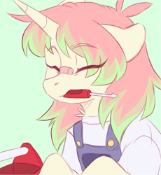 Size: 1275x1388 | Tagged: safe, artist:cheekipone, oc, oc only, oc:willow wood, pony, unicorn, bandaid on nose, clothes, eyebrows visible through hair, eyes closed, female, floppy ears, green background, horn, mare, mouth hold, overalls, screwdriver, shirt, simple background, solo, toolbox, unicorn horn, unicorn oc, unshorn fetlocks, upper body