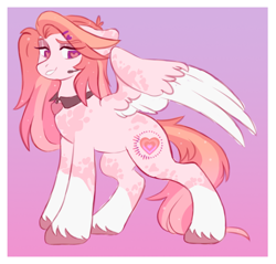 Size: 778x743 | Tagged: safe, artist:cheekipone, oc, oc only, oc:coda wave, pegasus, pony, coat markings, eye clipping through hair, eyebrows visible through hair, eyeshadow, female, floppy ears, hairclip, heart, makeup, mare, mottled coat, partially open wings, passepartout, pegasus oc, pegasus wings, raised eyebrow, shirtless shirt collar, smiling, socks (coat markings), solo, sparkling mane, splotches, standing, two toned wings, unshorn fetlocks, wingding eyes, wings