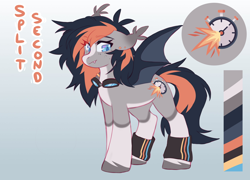 Size: 2048x1471 | Tagged: safe, artist:cheekipone, oc, oc only, oc:split second, bat pony, pony, bat pony oc, bat wings, blaze (coat marking), color palette, cutie mark, ear piercing, ear tufts, eye clipping through hair, eyebrows visible through hair, fangs, female, floppy ears, freckles, goggles, goggles around neck, gradient background, leg warmers, mare, name, piercing, reference sheet, smiling, socks (coat markings), solo, spread wings, standing, three quarter view, two toned mane, two toned tail, unshorn fetlocks, wings, writing