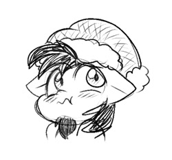 Size: 711x660 | Tagged: safe, artist:zutcha, imported from derpibooru, oc, oc only, oc:ace play, earth pony, pony, beard, blush lines, blushing, bust, christmas, facial hair, floppy ears, grayscale, hat, holiday, looking away, male, monochrome, santa hat, simple background, solo, stallion, wavy mouth, white background