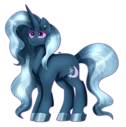 Size: 1280x1295 | Tagged: safe, artist:dazzlingmimi, imported from derpibooru, trixie, pony, unicorn, cloven hooves, diamond pupils, female, horn, long legs, nightmare trixie, nightmarified, simple background, solo, solo female, starry hair, transparent background