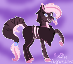 Size: 1048x927 | Tagged: safe, artist:azira faerinx, imported from derpibooru, oc, oc only, earth pony, pony, beads, blank flank, bone, brown coat, brown mane, chest fluff, colored, colored lineart, earth pony oc, female, heart, mare, multicolored eyes, multicolored hair, multicolored mane, multicolored tail, pink hooves, pink nose, pokémon, ponified, raised leg, sharp teeth, smiling, smirk, solo, solo female, stripes, tail, teeth, transformation, transformed, white ear tip