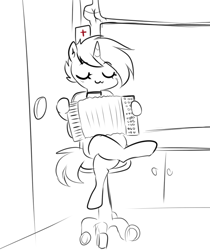 Size: 661x786 | Tagged: safe, artist:thieftea, imported from derpibooru, oc, oc only, oc:guaiacol, pony, unicorn, :3, accordion, barotrauma, chair, horn, medic, musical instrument, office chair, sitting like a human, sketch, unicorn oc, uwu