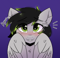 Size: 2623x2571 | Tagged: safe, artist:sonigiraldo, imported from derpibooru, oc, oc only, oc:silver moon, pegasus, pony, beautiful, black and green, blushing, cute, daaaaaaaaaaaw, female, green and black mane, green eyes, hair tips, heart, heart eyes, kyu, looking at you, mare, purple background, simple background, smiling, smiling at you, weapons-grade cute, wingding eyes, wings