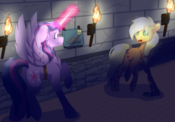 Size: 1780x1242 | Tagged: safe, artist:brybrychan, artist:bryonythewolf, imported from derpibooru, applejack, twilight sparkle, alicorn, earth pony, pony, applejack's hat, corridor, cowboy hat, duo, fanfic art, female, glowing, glowing horn, hat, holes, horn, indoors, mare, raised hoof, surprised, torch, twilight sparkle (alicorn)