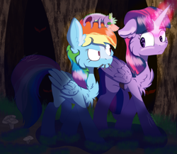 Size: 3456x3000 | Tagged: safe, artist:brybrychan, artist:bryonythewolf, imported from derpibooru, rainbow dash, spike, twilight sparkle, alicorn, pegasus, pony, chest fluff, duo, fanfic art, female, forest, glowing, glowing horn, high res, horn, mare, mouth hold, nature, night, smiling, smirk, tree, twilight sparkle (alicorn), voodoo, voodoo doll, walking