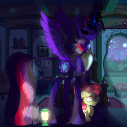 Size: 3000x3000 | Tagged: safe, artist:brybrychan, artist:bryonythewolf, imported from derpibooru, apple bloom, twilight sparkle, oc, oc:queen eclipse, alicorn, pony, black sclera, creepypasta, crying, duo, female, filly, foal, high res, indoors, lantern, mare, night, nightmare twilight, nightmarified, scared, spread wings, standing over, twilight sparkle (alicorn), unshorn fetlocks, wings, zalgo