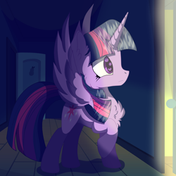 Size: 3000x3000 | Tagged: safe, artist:brybrychan, artist:bryonythewolf, imported from derpibooru, twilight sparkle, alicorn, pony, chest fluff, doorway, female, heart, heart eyes, high res, indoors, looking at something, mare, raised hoof, spread wings, twilight sparkle (alicorn), wingding eyes, wings