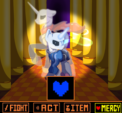 Size: 5416x5006 | Tagged: safe, artist:brybrychan, artist:bryonythewolf, imported from derpibooru, ghost, pony, undead, unicorn, absurd resolution, angry, clothes, glowing, glowing horn, horn, last corridor, looking at you, papyrus (undertale), ponified, sans (undertale), undertale