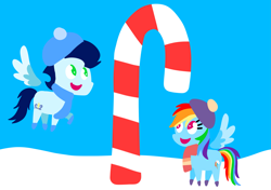 Size: 3553x2499 | Tagged: safe, anonymous artist, derpibooru exclusive, imported from derpibooru, rainbow dash, soarin', pegasus, pony, series:soarindash hearth's warming, series:soarindash romantic tales, candy, candy cane, christmas, female, flying, food, happy, hearth's warming, holiday, male, mare, pointy ponies, shipping, smiling, snow, soarindash, stallion, straight, winter, winter clothes