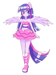 Size: 1500x1998 | Tagged: safe, artist:riouku, imported from derpibooru, twilight sparkle, alicorn, equestria girls, blushing, boots, clothes, cute, dress, fall formal outfits, female, high heel boots, ponied up, ponytail, shoes, simple background, skirt, sleeveless, solo, sparkles, strapless, transparent background, twilight ball dress, twilight sparkle (alicorn), wings