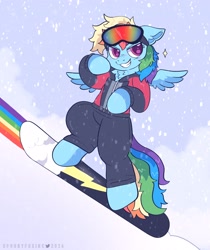 Size: 2216x2636 | Tagged: safe, artist:spookyfoxinc, imported from derpibooru, rainbow dash, pegasus, goggles, ski suit, slope, snowboard, solo