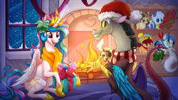 Size: 1280x720 | Tagged: safe, artist:stepandy, imported from derpibooru, discord, princess celestia, oc, alicorn, draconequus, pony, bashful, blushing, christmas, clothes, cute, cutelestia, discute, dislestia, female, fireplace, grin, happy, hat, holiday, male, mistletoe, open mouth, plushie, present, raised hoof, realistic horse legs, santa hat, scarf, shipping, smiling, straight