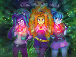 Size: 2560x1920 | Tagged: safe, artist:stargrace97, artist:stargureisu, imported from derpibooru, adagio dazzle, aria blaze, sonata dusk, human, equestria girls, beautiful, belt, clothes, evil grin, female, fingerless gloves, gem, gloves, glowing, grin, hand on hip, jewelry, leggings, looking at you, microphone, miniskirt, my little pony equestria girls: rainbow rocks, pants, pendant, pigtails, ponytail, siren gem, skirt, smiling, the dazzlings, trio, trio female, twintails